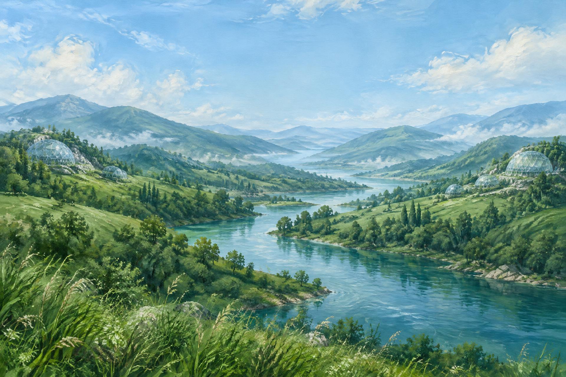 Painted green hills and glass domes overlooking a peaceful blue river